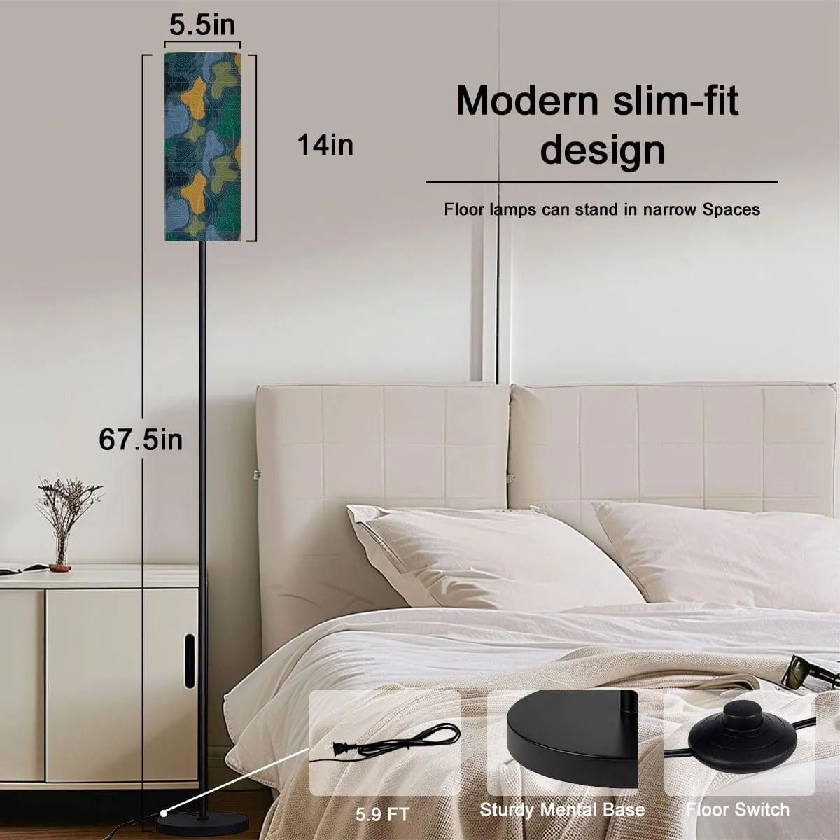 Modern Military Topographic Map Seamless Pattern Design for fashion fabric Floor lamp Minimalist Standing Lamps Metal Pole Lamp Tall Lamps With Linen Shade Foot Switch for Living Room Bedroom