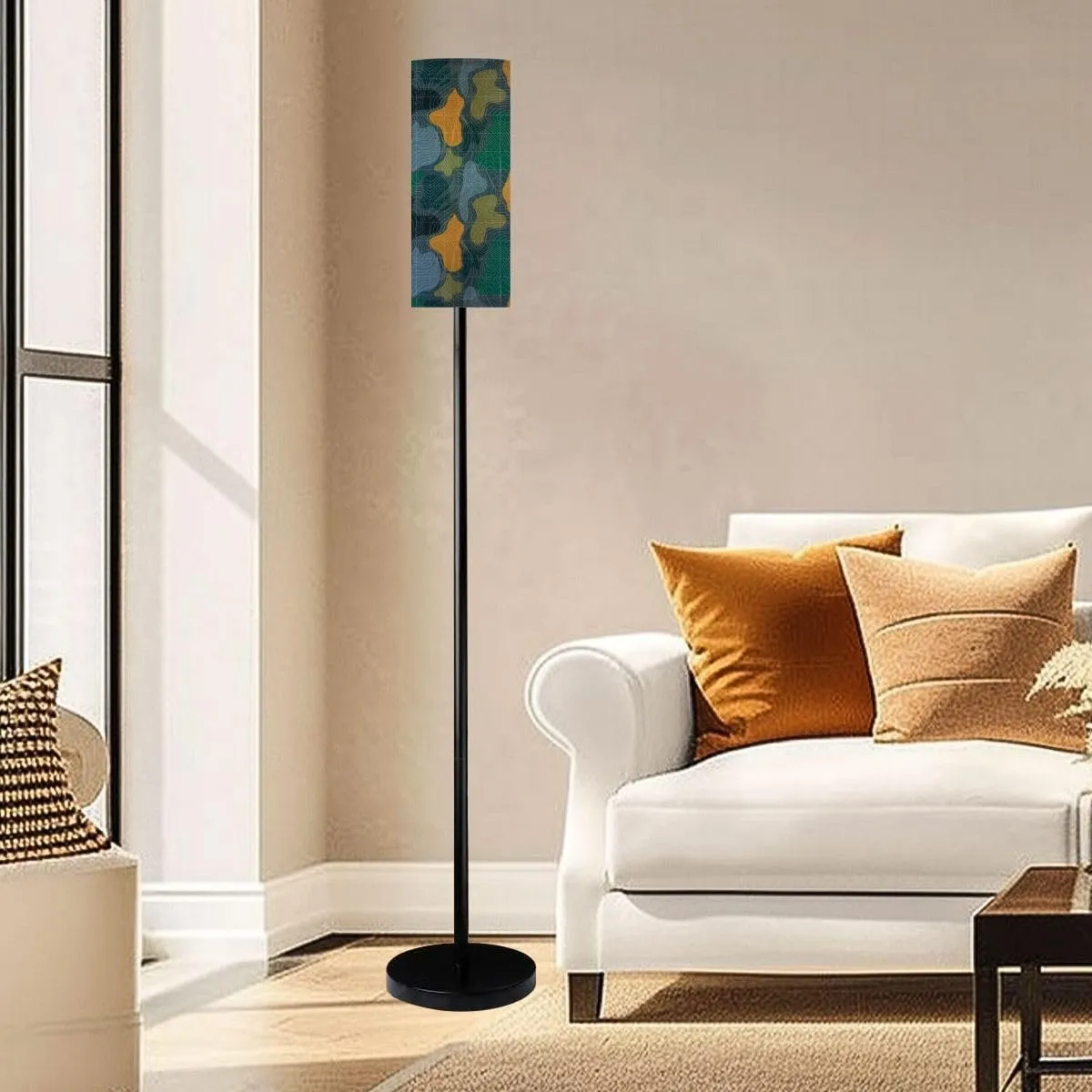 Modern Military Topographic Map Seamless Pattern Design for fashion fabric Floor lamp Minimalist Standing Lamps Metal Pole Lamp Tall Lamps With Linen Shade Foot Switch for Living Room Bedroom