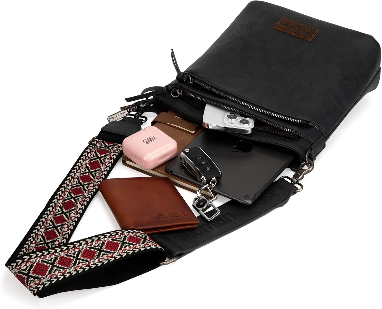 Montana West Multi Zip Pocket Large Crossbody Bag With Guitar Strap