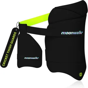 moonwalkr Cricket Thigh Guards 2.0 Lightweight Cricket Guard & Equipment Unisex Thigh Pads for Batter's Height (5'9"-6'2") Safeguarding Both Your Outer and Inner Thighs Black (Large, Right Hand).