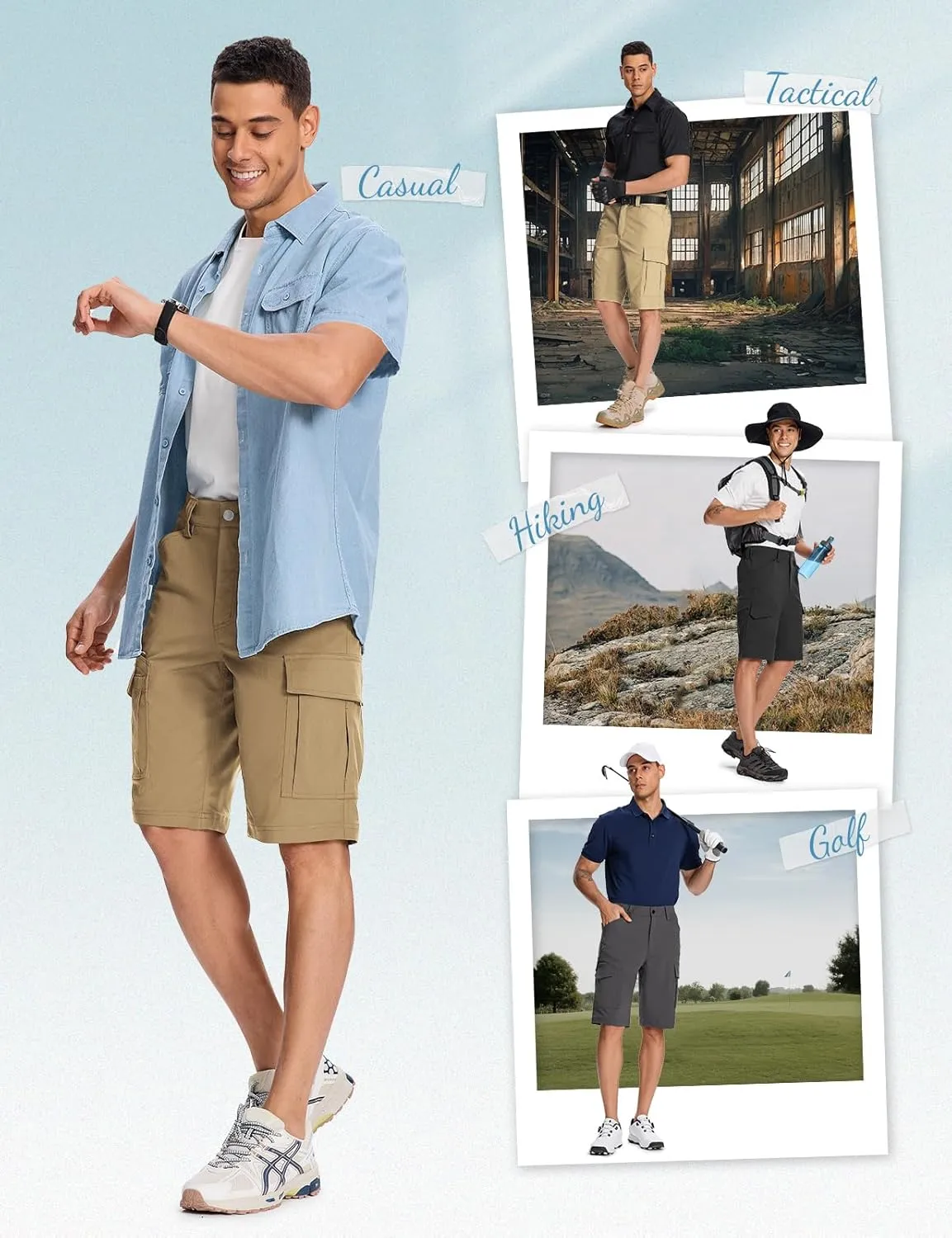 Moosehill Mens-Cargo-Hiking-Shorts Lightweight Water Resistant Quick Dry Relaxed Fit Big & Tall Stretch Waist with 8 Pockets