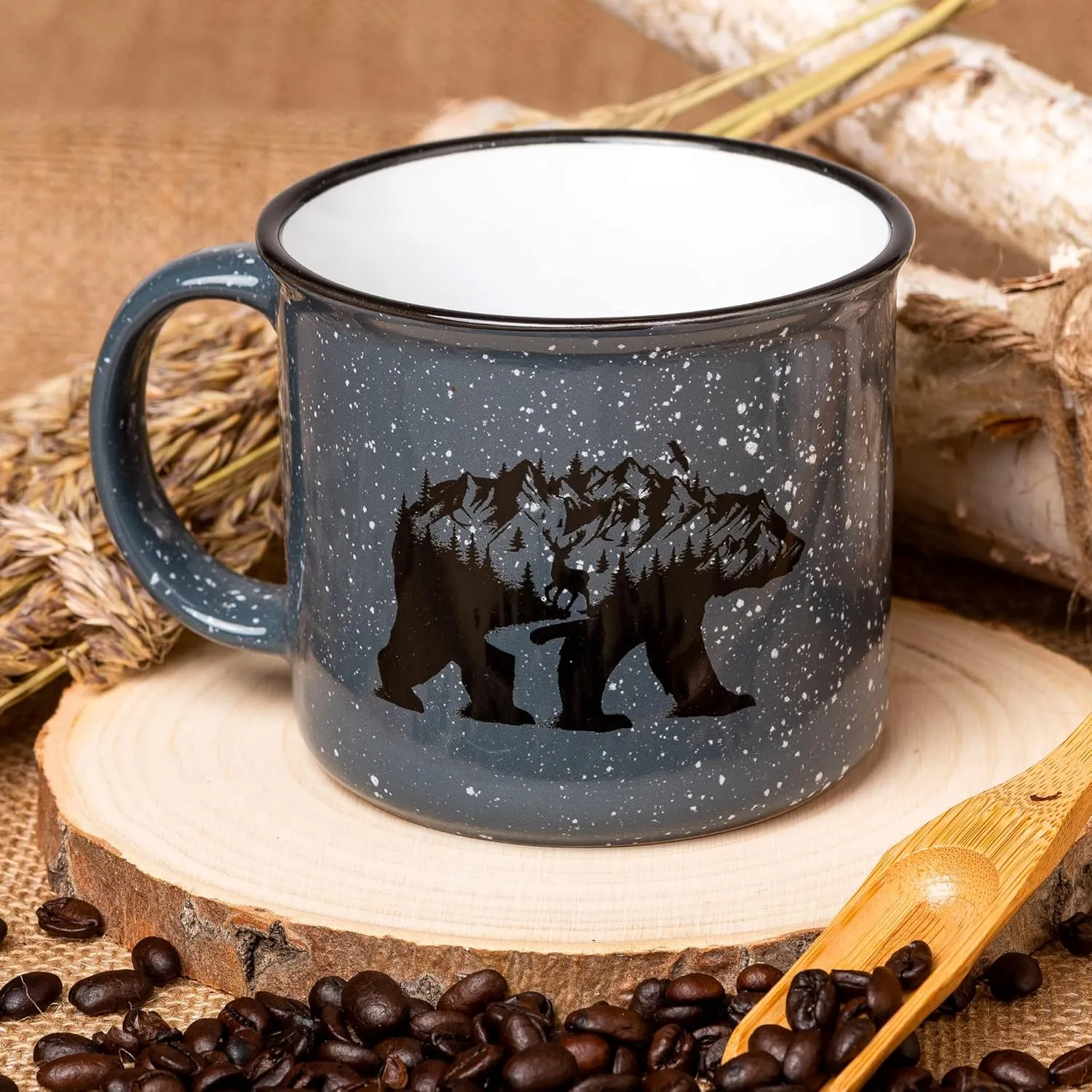 Mountain Range Coffee Mug by Black Lantern - 15oz. Speckled Ceramic Mug with Screen Printed Mountain Graphic - 15oz. Capacity