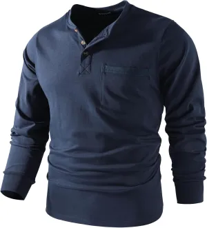 Mr.Stream Men's 3 Button Full Long Sleeve Pocket Work Henley T-Shirts Relaxed Fit 100% Cotton Heavyweight Tees