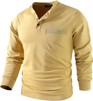 Mr.Stream Men's 3 Button Full Long Sleeve Pocket Work Henley T-Shirts Relaxed Fit 100% Cotton Heavyweight Tees