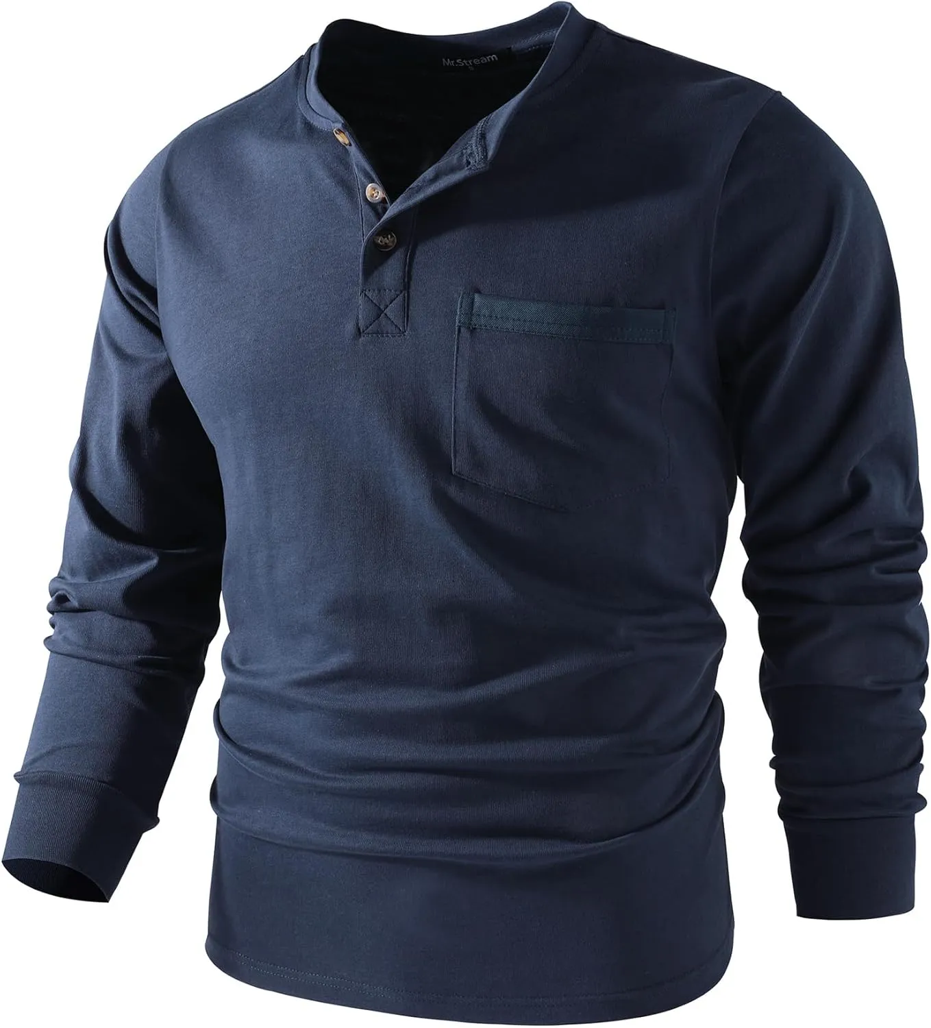 Mr.Stream Men's 3 Button Full Long Sleeve Pocket Work Henley T-Shirts Relaxed Fit 100% Cotton Heavyweight Tees