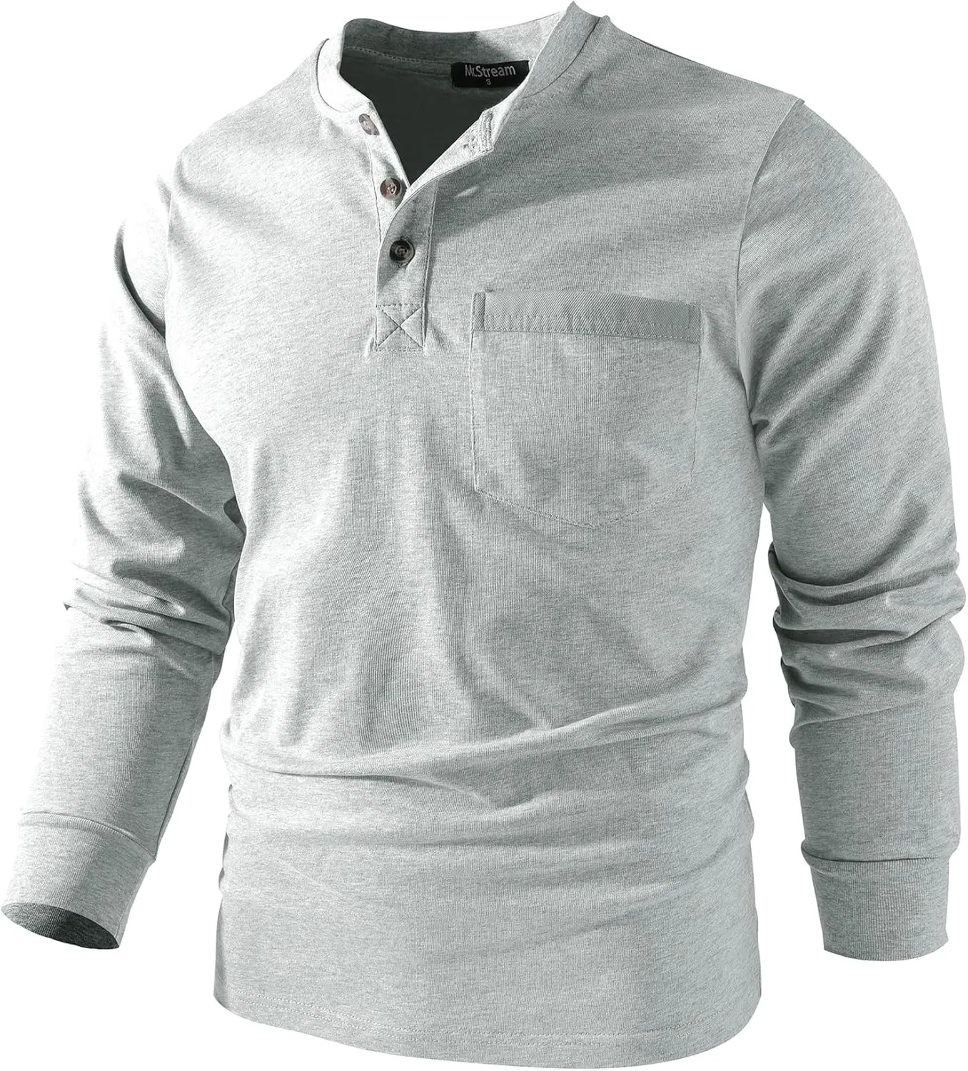 Mr.Stream Men's 3 Button Full Long Sleeve Pocket Work Henley T-Shirts Relaxed Fit 100% Cotton Heavyweight Tees