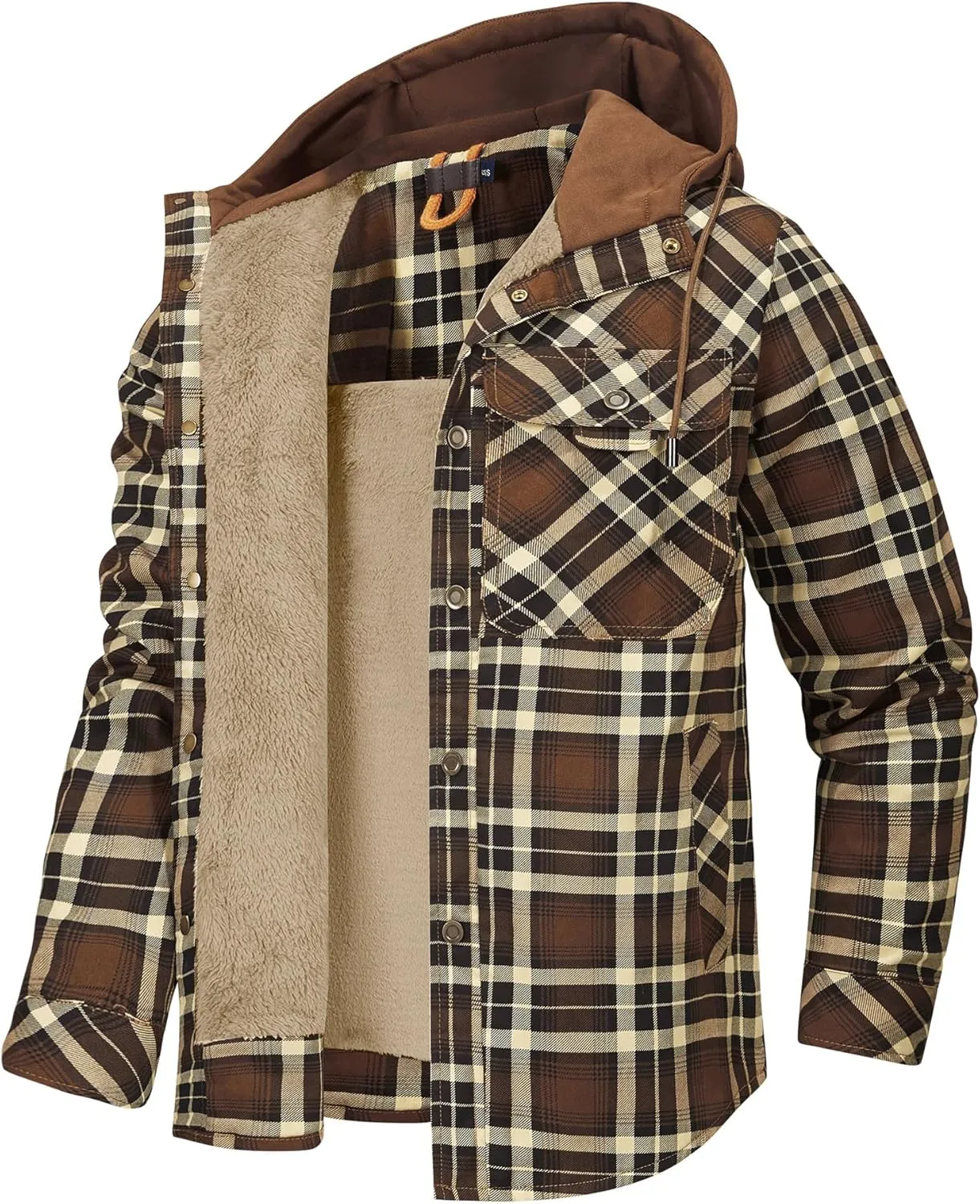 Mr.Stream Men's Hooded Coat Casual Thicken Plaid Work Flannel Snap Sherpa Lined Fleece Shirt Jacket