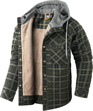 Mr.Stream Men's Hooded Coat Casual Thicken Plaid Work Flannel Snap Sherpa Lined Fleece Shirt Jacket
