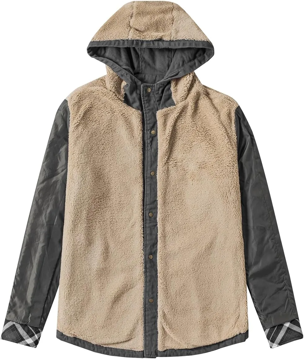 Mr.Stream Men's Hooded Coat Casual Thicken Plaid Work Flannel Snap Sherpa Lined Fleece Shirt Jacket