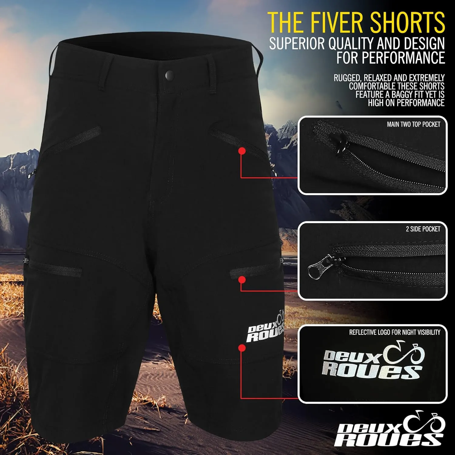 MTB Mountain Bike Shorts - The FIVER - 4D Padded Baggy Bicycle Cycling Biking Bike Shorts Loose-fit - 5 Zippered Pockets