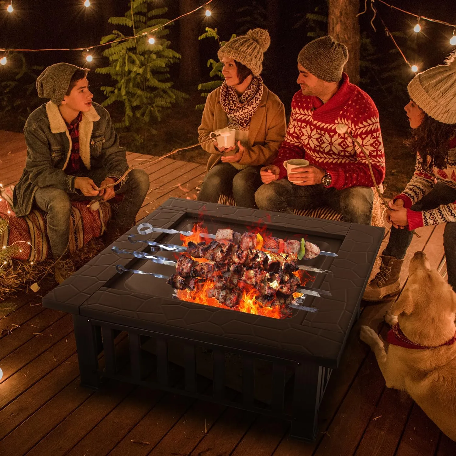 Multifunctional Fire Pit Table 32 inch Square Metal Firepit Stove Backyard Patio Garden Fireplace for Camping, Outdoor Heating, Bonfire and Picnic