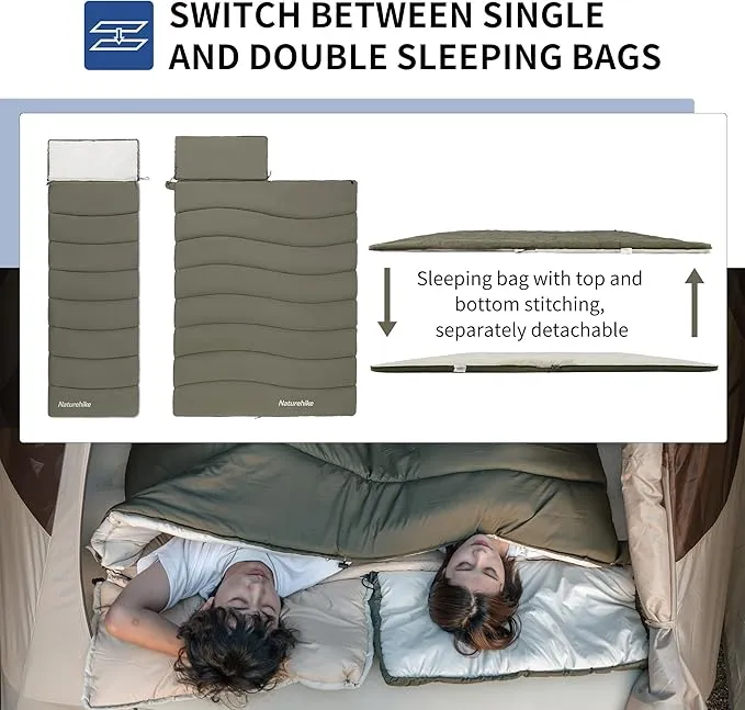 Naturehike 0 Degree Camping Sleeping Bag, Spliceable Double Sleeping Bag for Adults, Hollow Cotton Lightweight Waterproof Sleep Bag for Cold&Warm Weather