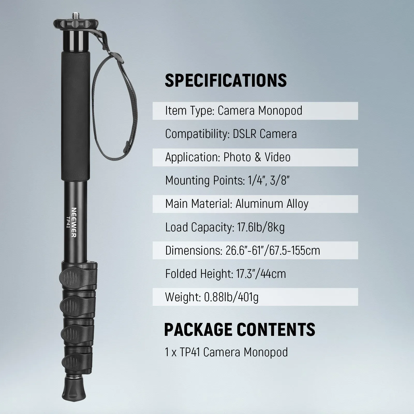 NEEWER TP41 61"/155cm Aluminum Alloy Camera Monopod Stand