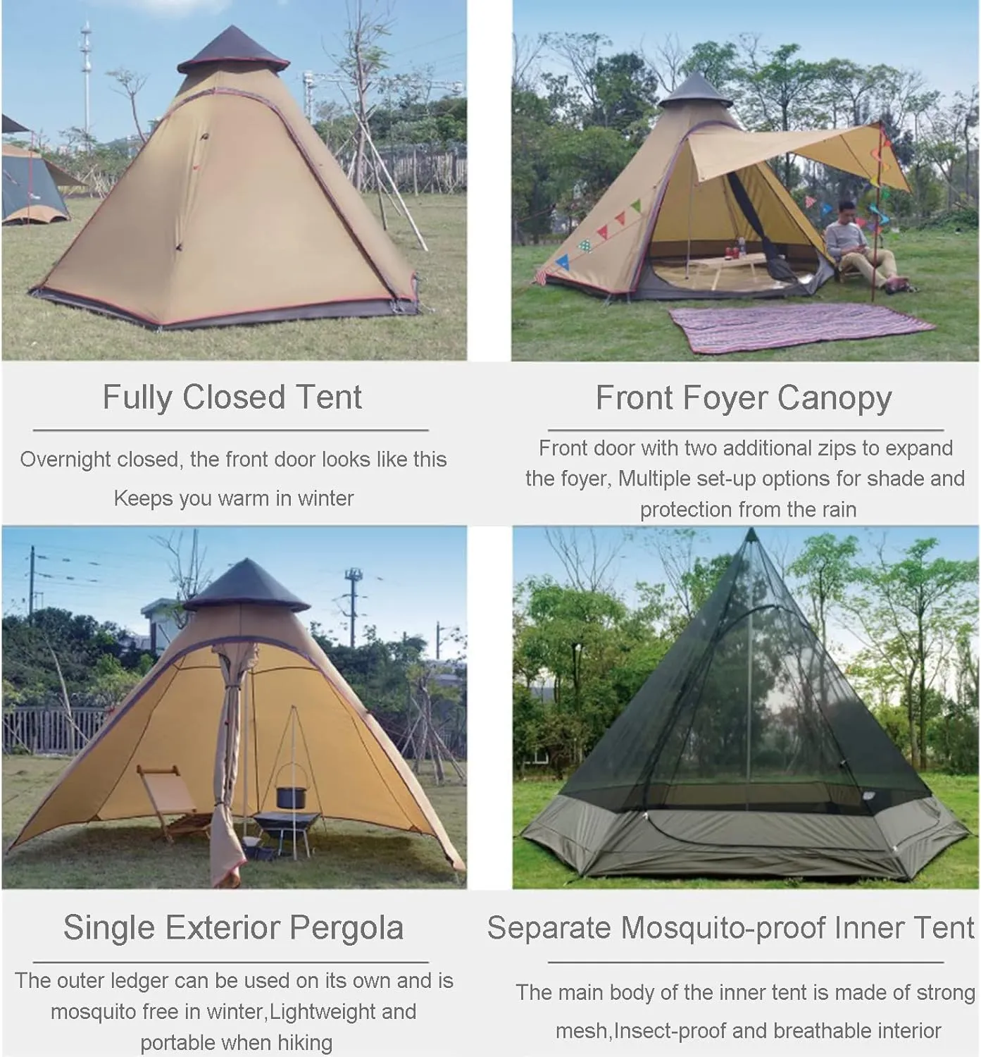 NIEH Tents for Camping 4 Person, Pyramid Teepee Tent Adult Tent Double Layers Indian Tent Yurt Tent Tower Post Bell Tent for Outdoor Family Trip Hello
