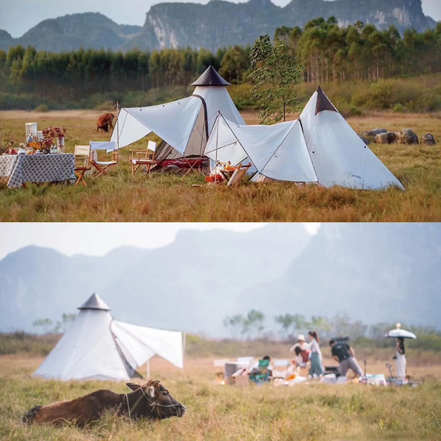 NIEH Tents for Camping 4 Person, Pyramid Teepee Tent Adult Tent Double Layers Indian Tent Yurt Tent Tower Post Bell Tent for Outdoor Family Trip Hello