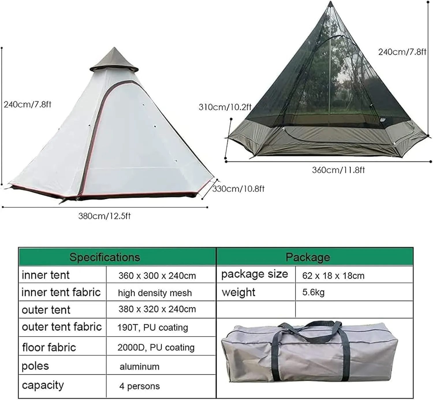 NIEH Tents for Camping 4 Person, Pyramid Teepee Tent Adult Tent Double Layers Indian Tent Yurt Tent Tower Post Bell Tent for Outdoor Family Trip Hello