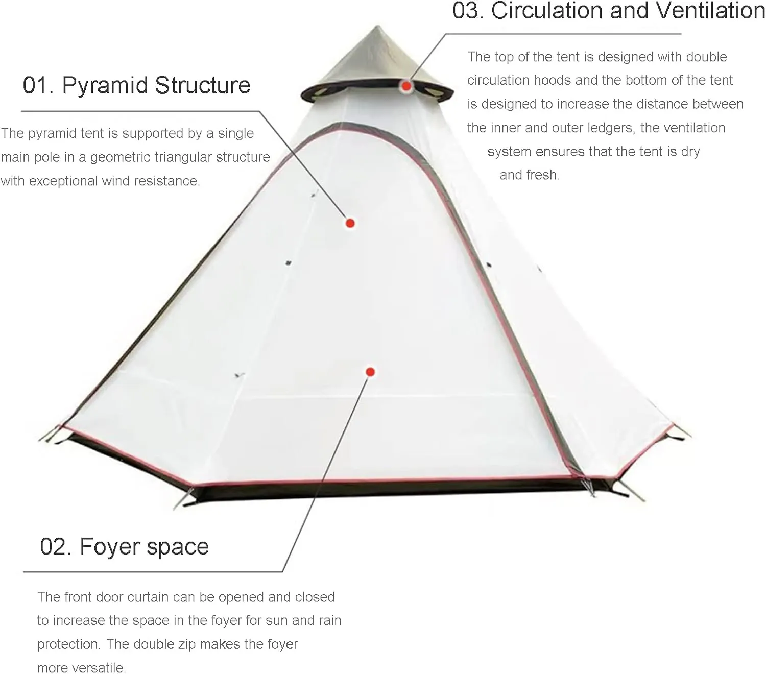 NIEH Tents for Camping 4 Person, Pyramid Teepee Tent Adult Tent Double Layers Indian Tent Yurt Tent Tower Post Bell Tent for Outdoor Family Trip Hello