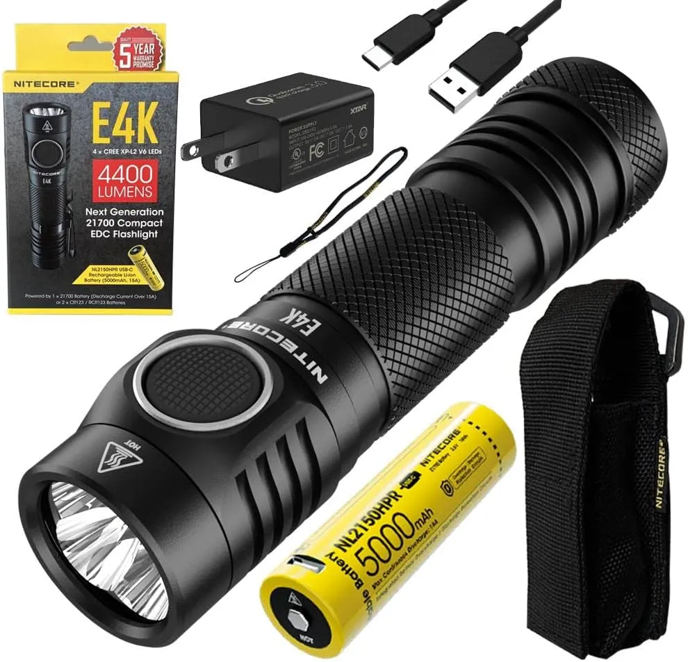 NITECORE E4K Next generat Compact EDC Flashlight -4400 Lumens - 1x NITECORE Rechargeable Li- Battery Included w/Eco-Sensa USB Fast 3Amp Wall Charger