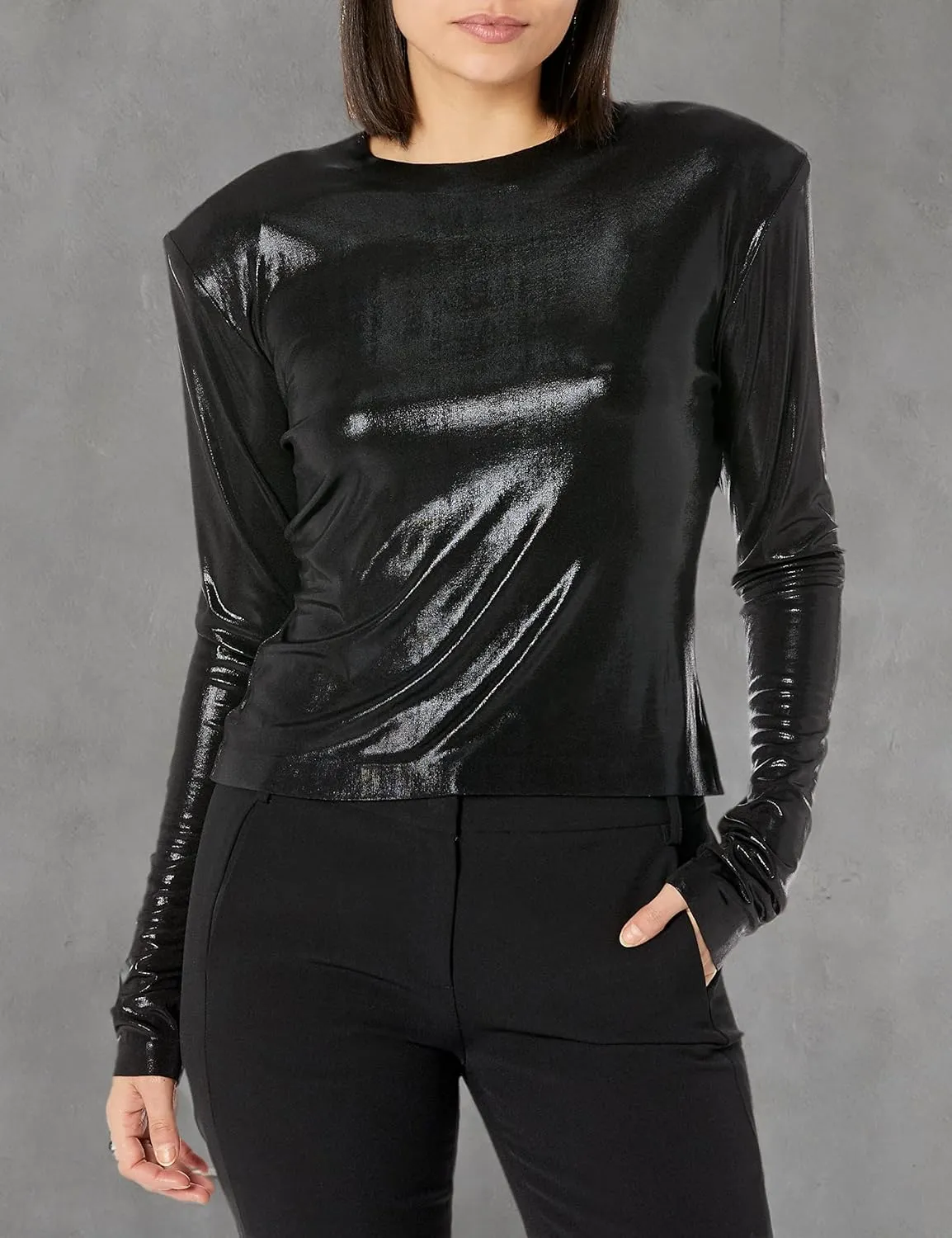 Norma Kamali Women's Shoulder Pad Long Sleeve Crew Top