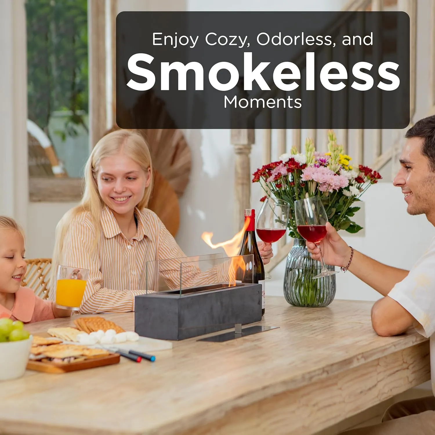 NovaMode Tabletop Fire Pit – Portable Smores Maker with Extendable Roasting Sticks – Smokeless Firepit - Indoor/Outdoor – Backyard, Balcony, Patio – Glass Surround - Housewarming - Dark Moonlight Gray