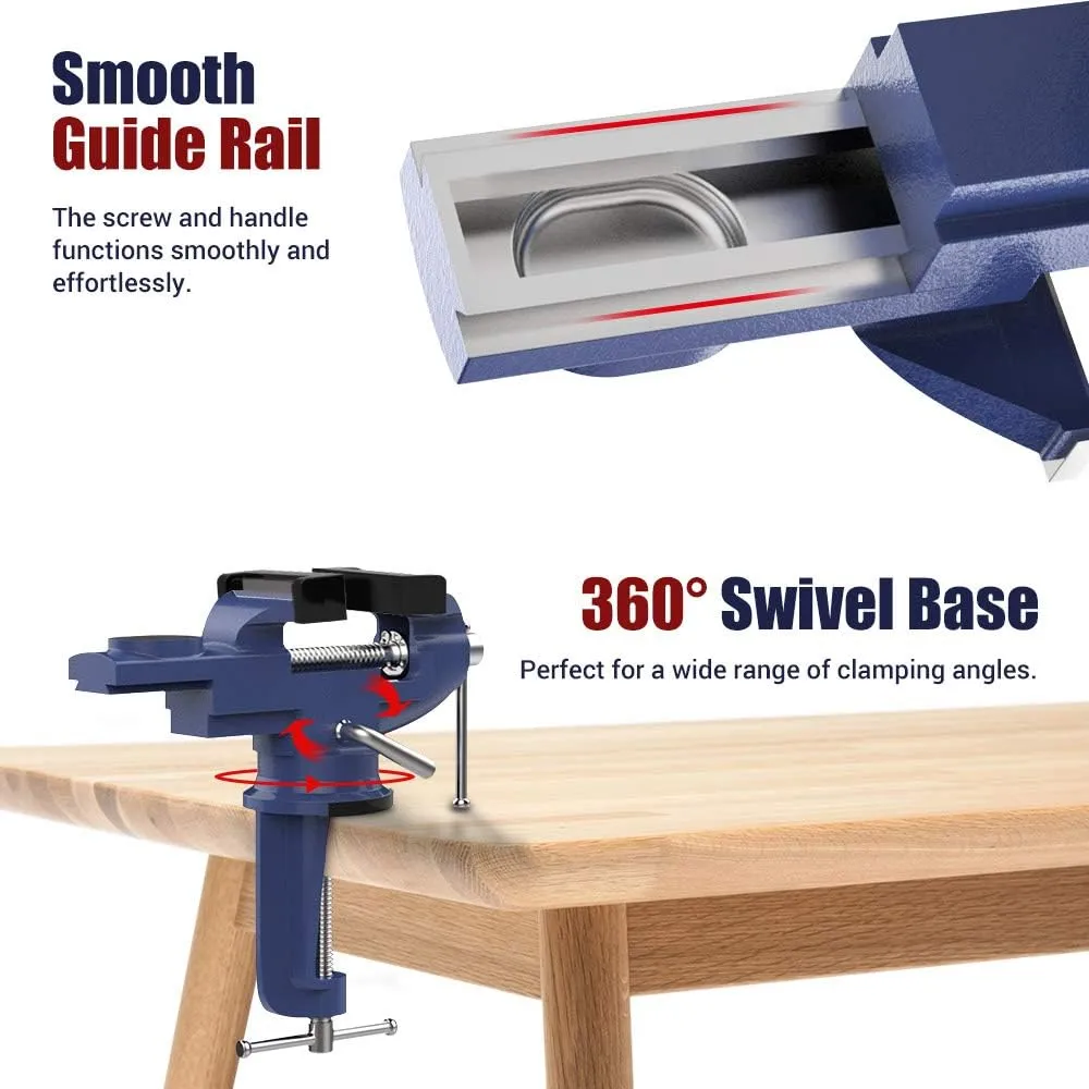 Nuovoware Table Vise 3 Inch, 360° Swivel Base Universal Home Vise Portable Bench Clamp, Clamp-on Vise Bench Clamps Fixed Tool for Woodworking, Metalworking, Cutting Conduit, Drilling, Sawing, Blue
