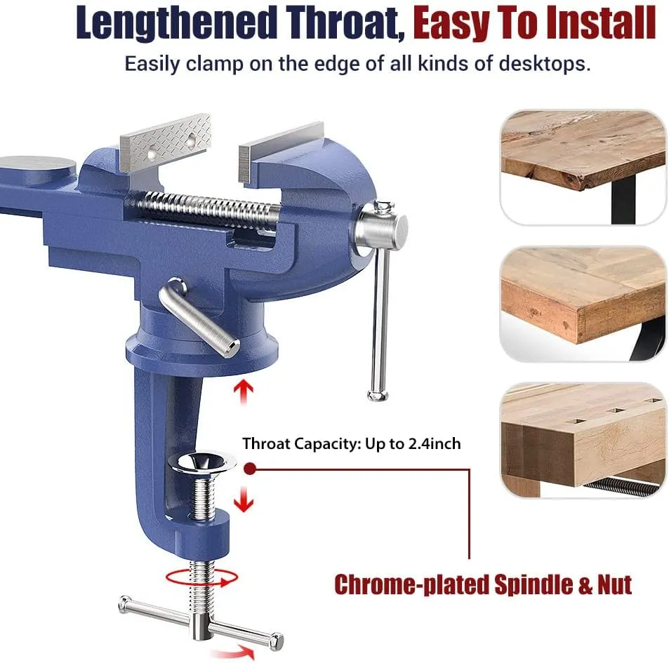 Nuovoware Table Vise 3 Inch, 360° Swivel Base Universal Home Vise Portable Bench Clamp, Clamp-on Vise Bench Clamps Fixed Tool for Woodworking, Metalworking, Cutting Conduit, Drilling, Sawing, Blue