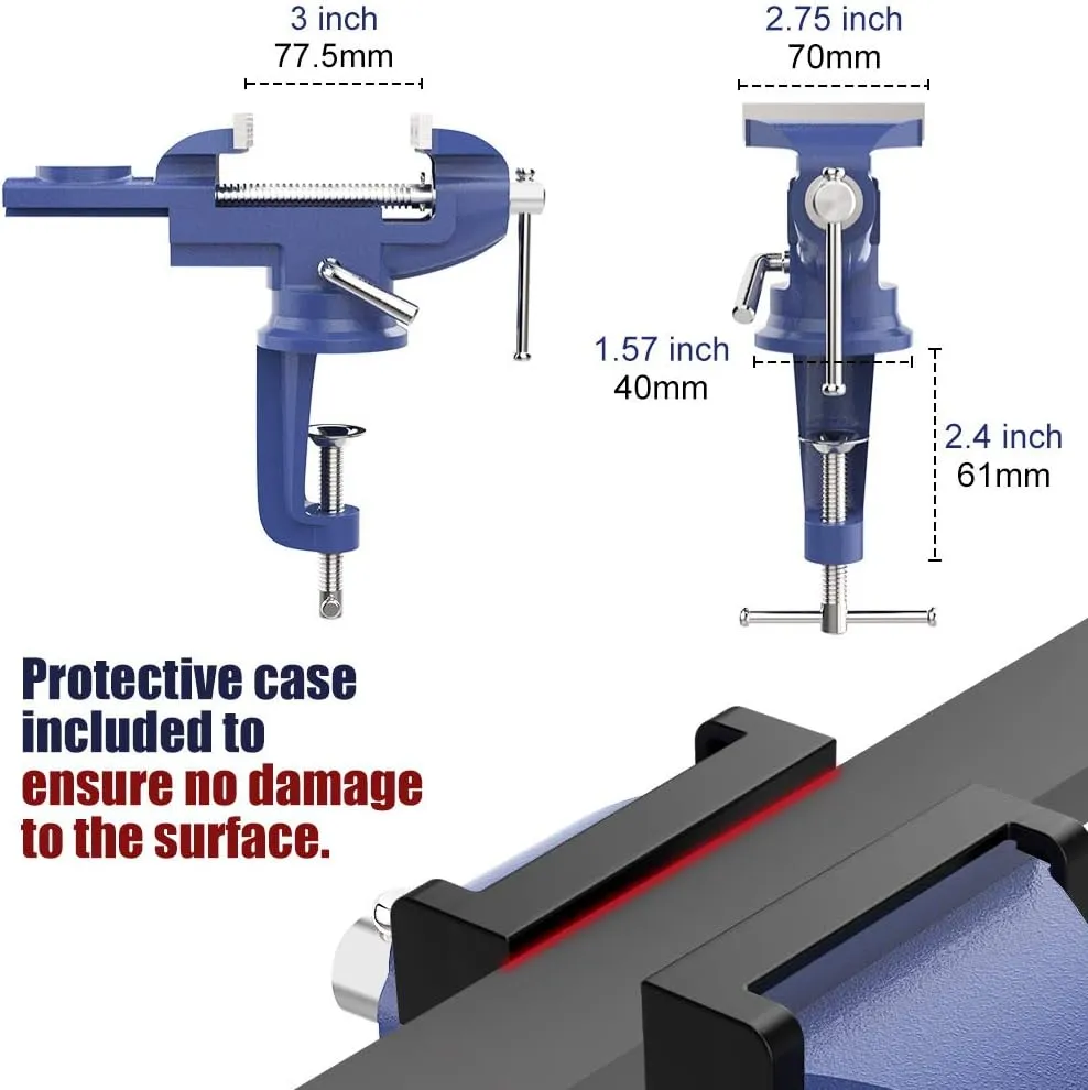 Nuovoware Table Vise 3 Inch, 360° Swivel Base Universal Home Vise Portable Bench Clamp, Clamp-on Vise Bench Clamps Fixed Tool for Woodworking, Metalworking, Cutting Conduit, Drilling, Sawing, Blue