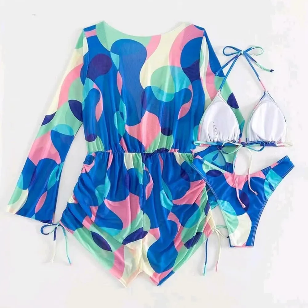 ODASDO Women's Sexy 3 Piece Swimsuits Halter Triangle Bikini Sets with Long Sleeve Mesh Cover Ups Romper Bathing Suits