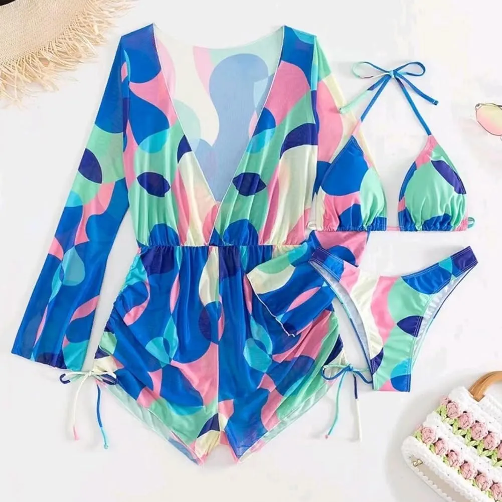 ODASDO Women's Sexy 3 Piece Swimsuits Halter Triangle Bikini Sets with Long Sleeve Mesh Cover Ups Romper Bathing Suits