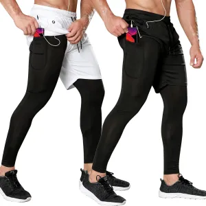 Odoland 2 Pack Mens Compression Running Pants, 2 in 1 Quick Dry Athletic Workout Sweatpants Shorts Gym Leggings with Pocket