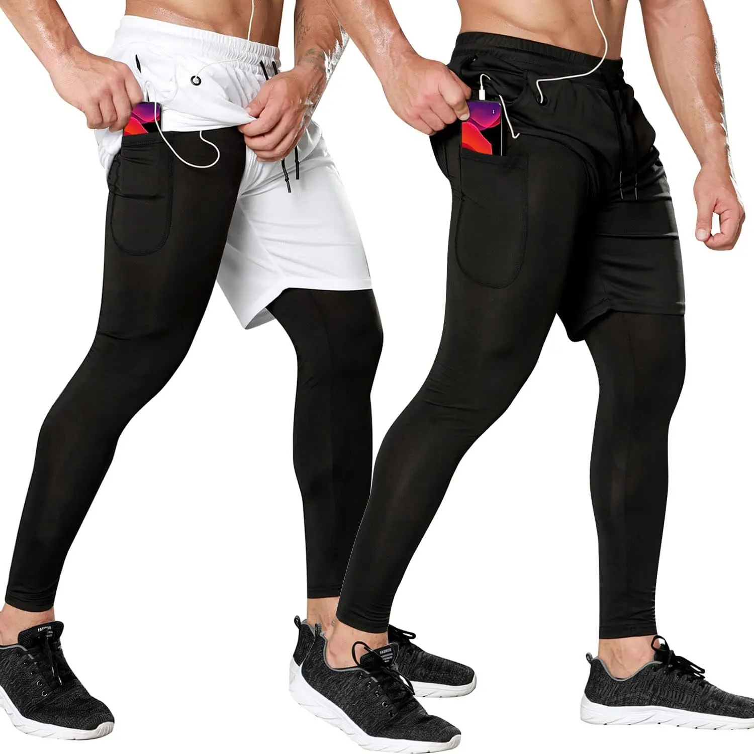 Odoland 2 Pack Mens Compression Running Pants, 2 in 1 Quick Dry Athletic Workout Sweatpants Shorts Gym Leggings with Pocket