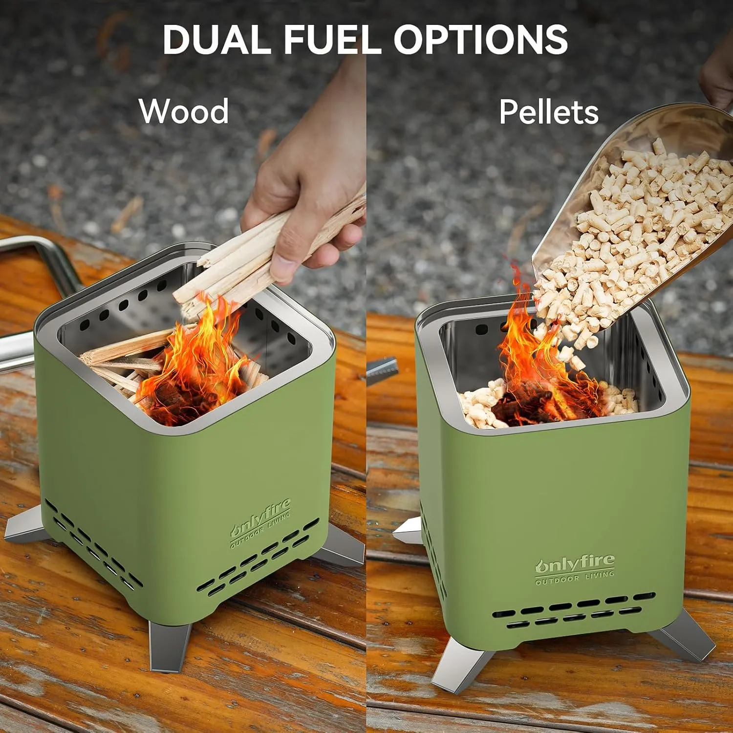 Onlyfire 2-in-1 Smokeless Fire Pit & Camp Stove with Pot Bracket & Carry Bag, Portable Tabletop Fireplace, Wood Burning Mini Firepit for Outdoor Camping Tailgating Patio Backyard, Green Short FP051