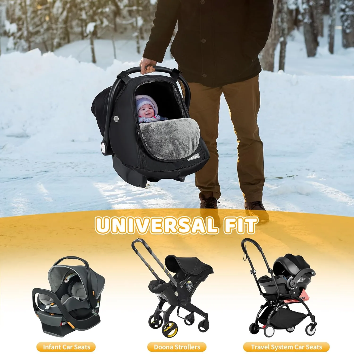 Orzbow Winter Baby Car Seat Cover with Front Zipper Door, Cold Weather Carseat Cover Canopy, Side Breathable, Rain, Snow and Wind Proof Car Seat Carrier Canopy Cover, Machine Washable, Black