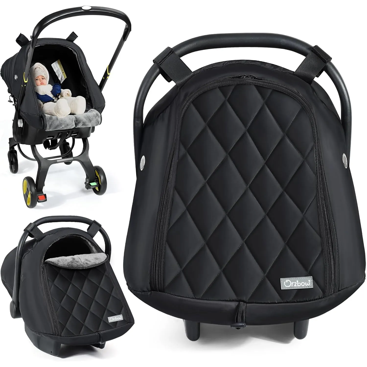 Orzbow Winter Baby Car Seat Cover with Front Zipper Door, Cold Weather Carseat Cover Canopy, Side Breathable, Rain, Snow and Wind Proof Car Seat Carrier Canopy Cover, Machine Washable, Black