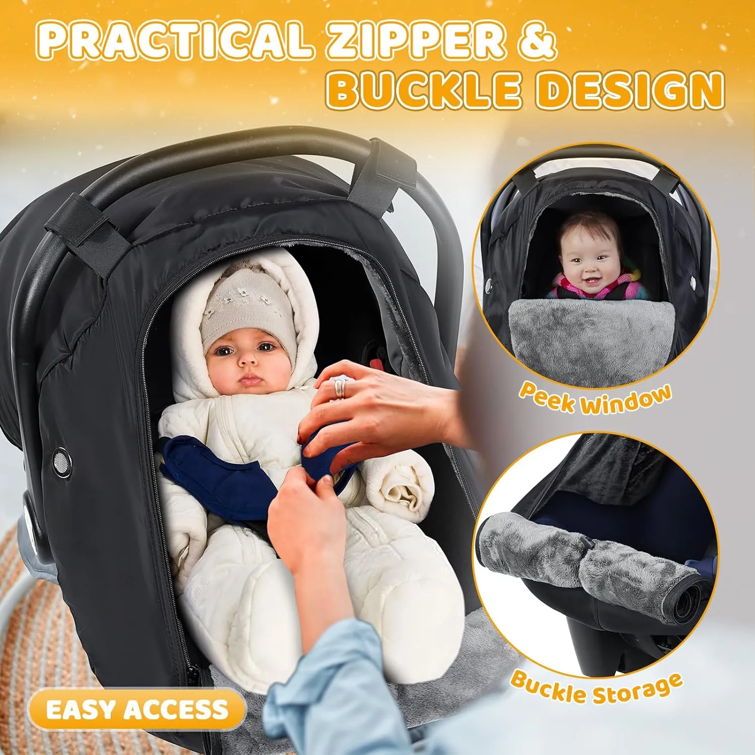 Orzbow Winter Baby Car Seat Cover with Front Zipper Door, Cold Weather Carseat Cover Canopy, Side Breathable, Rain, Snow and Wind Proof Car Seat Carrier Canopy Cover, Machine Washable, Black