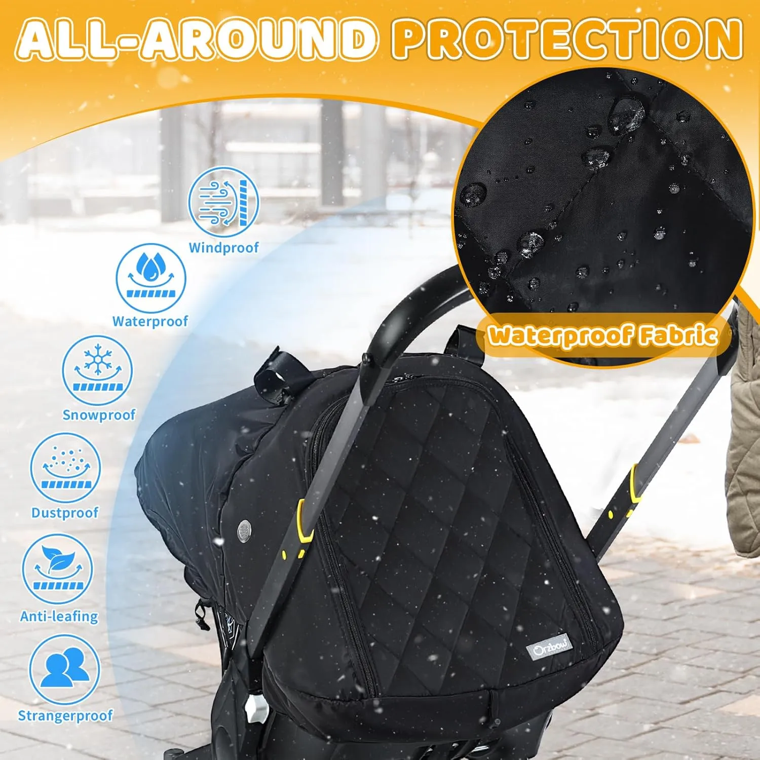 Orzbow Winter Baby Car Seat Cover with Front Zipper Door, Cold Weather Carseat Cover Canopy, Side Breathable, Rain, Snow and Wind Proof Car Seat Carrier Canopy Cover, Machine Washable, Black