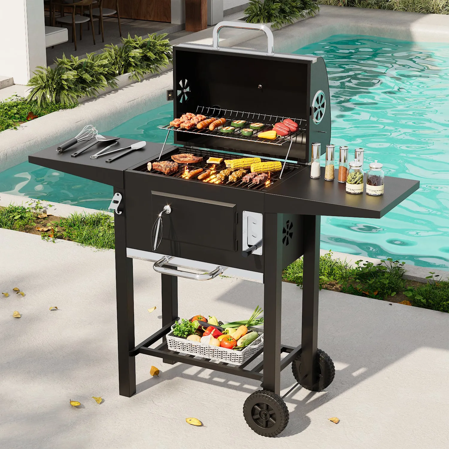 Outdoor Carbon Steel Charcoal BBQ Grill with Chimney