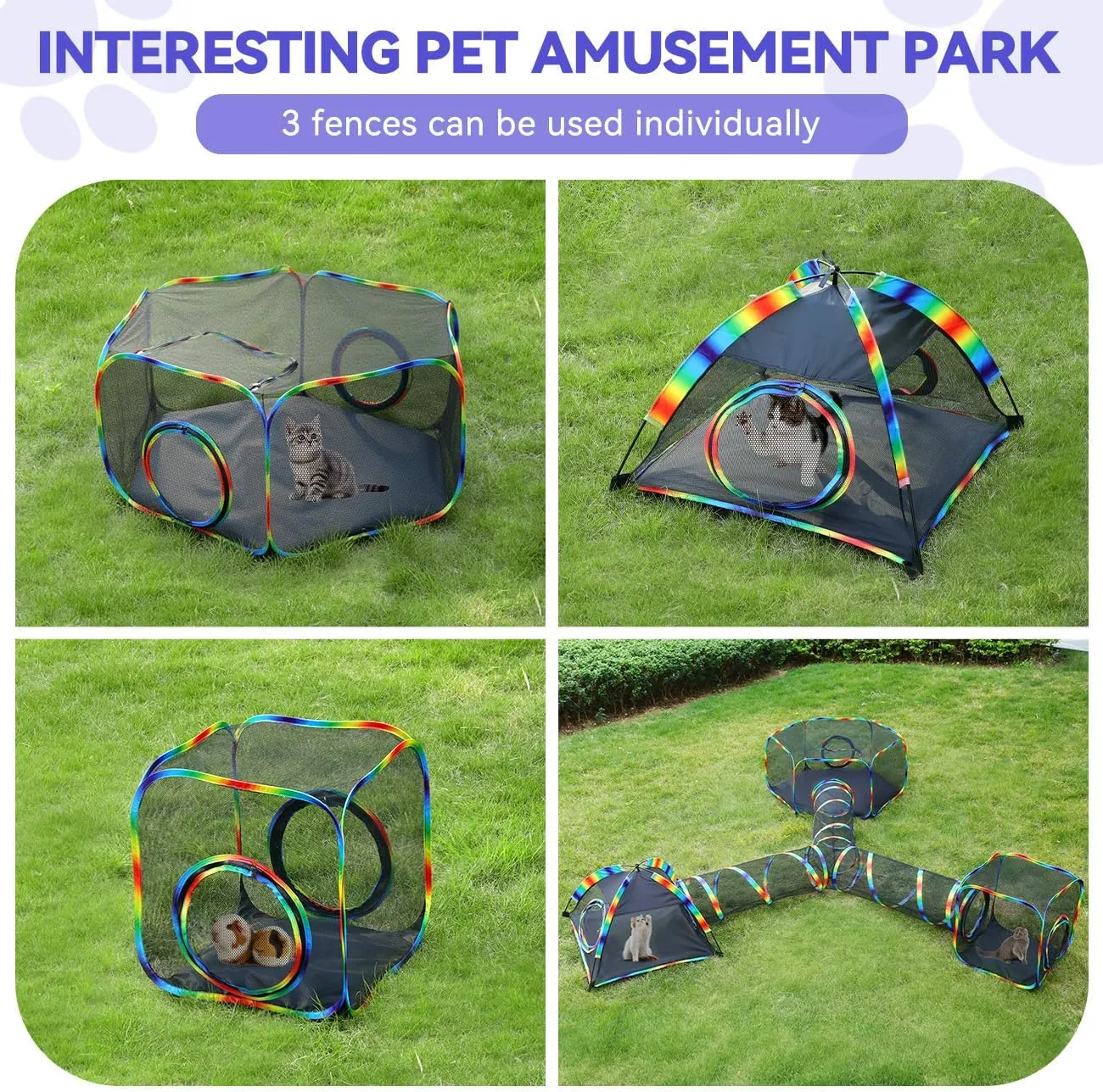 Outdoor Cat Enclosures for Cats Indoor, Patio Portable Mesh Cat Tent, Tunnel, Playhouse with Free Carry Bag & Metal Rod for Multiple Small Animals, Includes Cat Playpen 2 Tent  Tunnel, Rainbow