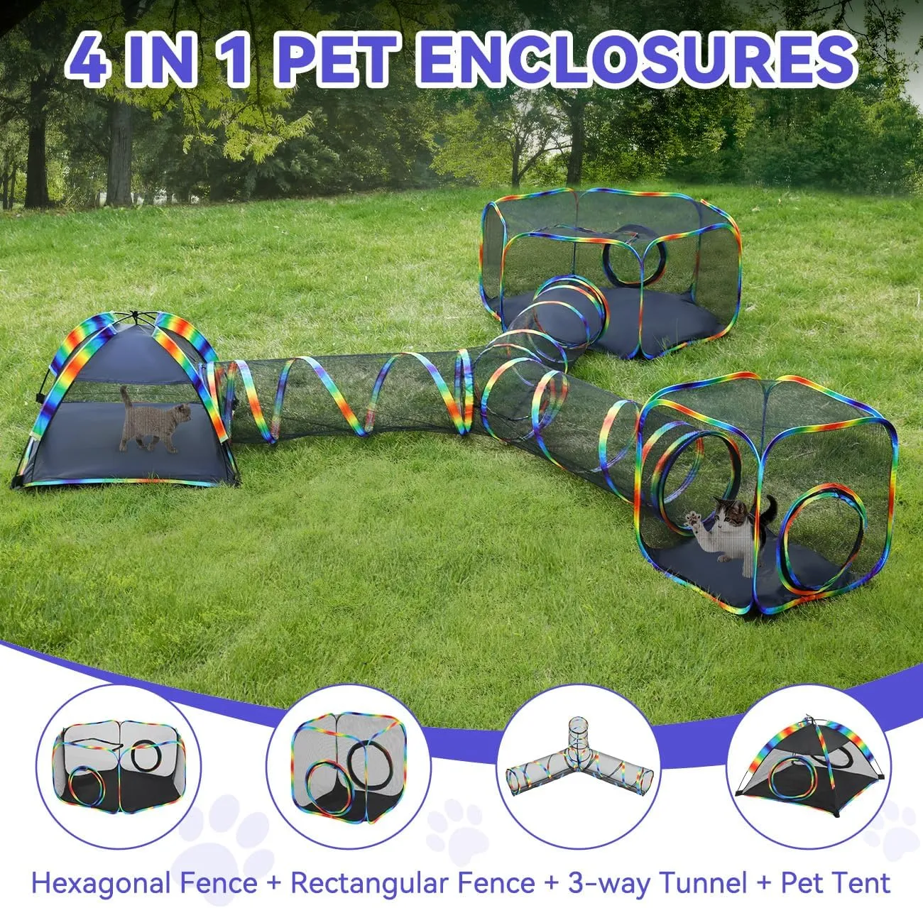 Outdoor Cat Enclosures for Cats Indoor, Patio Portable Mesh Cat Tent, Tunnel, Playhouse with Free Carry Bag & Metal Rod for Multiple Small Animals, Includes Cat Playpen 2 Tent  Tunnel, Rainbow
