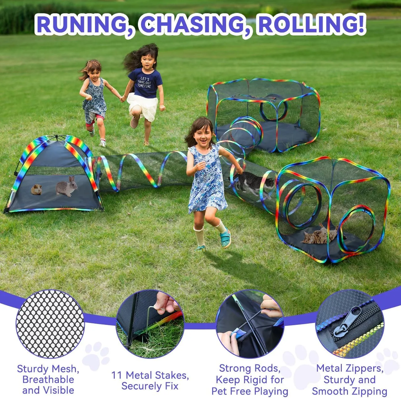 Outdoor Cat Enclosures for Cats Indoor, Patio Portable Mesh Cat Tent, Tunnel, Playhouse with Free Carry Bag & Metal Rod for Multiple Small Animals, Includes Cat Playpen 2 Tent  Tunnel, Rainbow