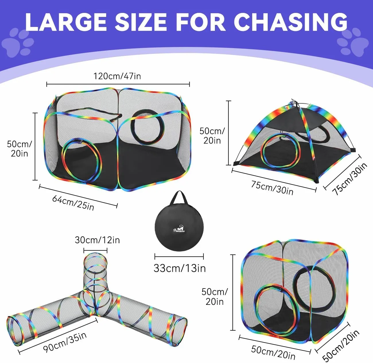 Outdoor Cat Enclosures for Cats Indoor, Patio Portable Mesh Cat Tent, Tunnel, Playhouse with Free Carry Bag & Metal Rod for Multiple Small Animals, Includes Cat Playpen 2 Tent  Tunnel, Rainbow