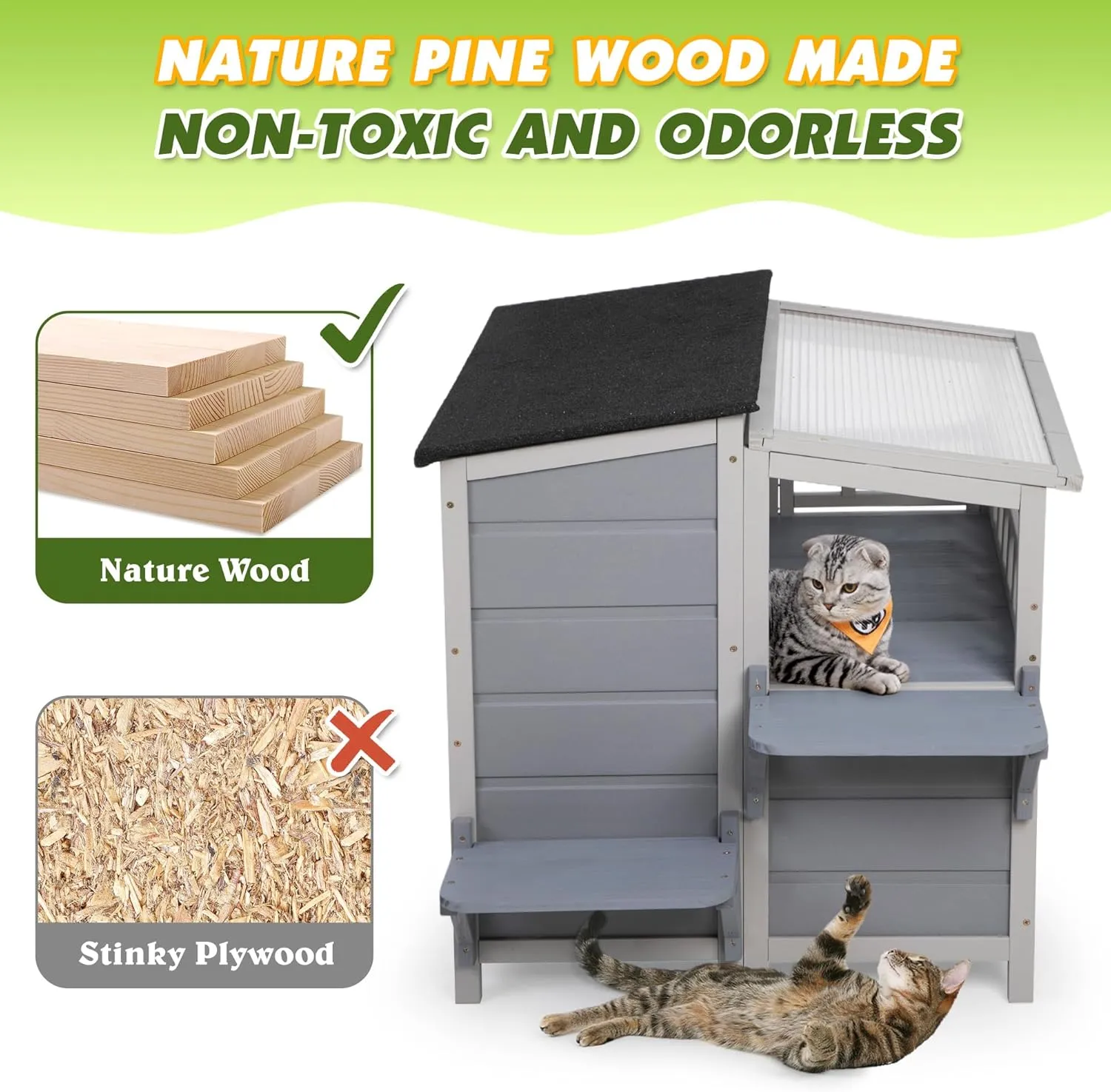 Outdoor Heating Pad Insulated Cat House, Warm Cat Shelter with Heated Pet Pad Bed, Balcony, Timing and Temp Adjustable, Feral Cat Hutch for Winter, Weatherproof (Gray, Heating PAD)
