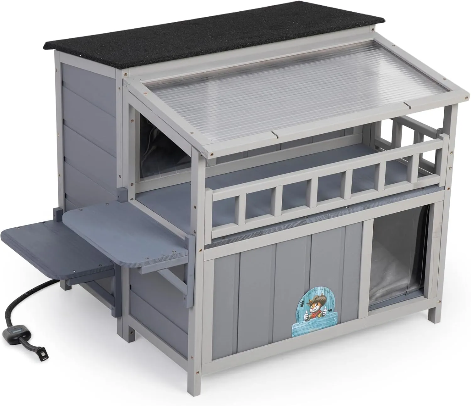 Outdoor Heating Pad Insulated Cat House, Warm Cat Shelter with Heated Pet Pad Bed, Balcony, Timing and Temp Adjustable, Feral Cat Hutch for Winter, Weatherproof (Gray, Heating PAD)