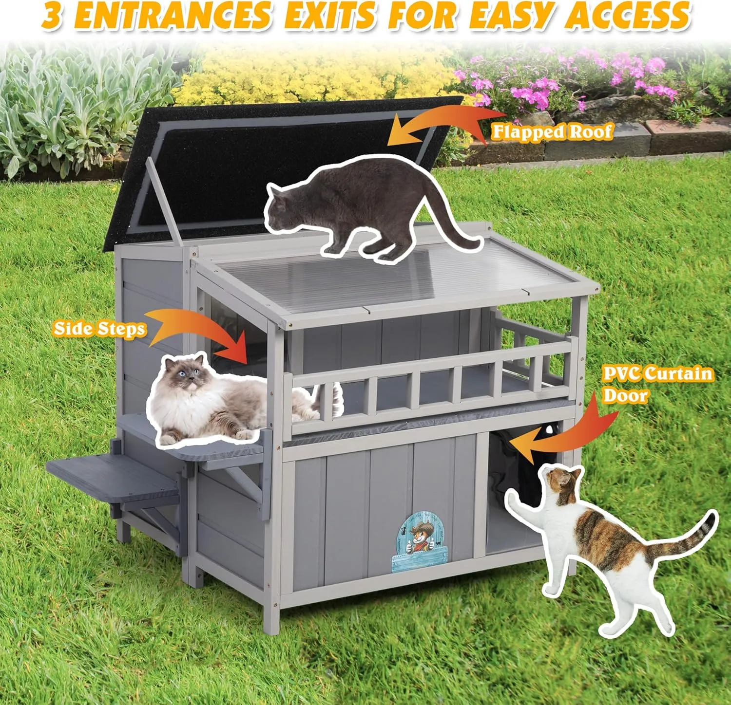 Outdoor Heating Pad Insulated Cat House, Warm Cat Shelter with Heated Pet Pad Bed, Balcony, Timing and Temp Adjustable, Feral Cat Hutch for Winter, Weatherproof (Gray, Heating PAD)