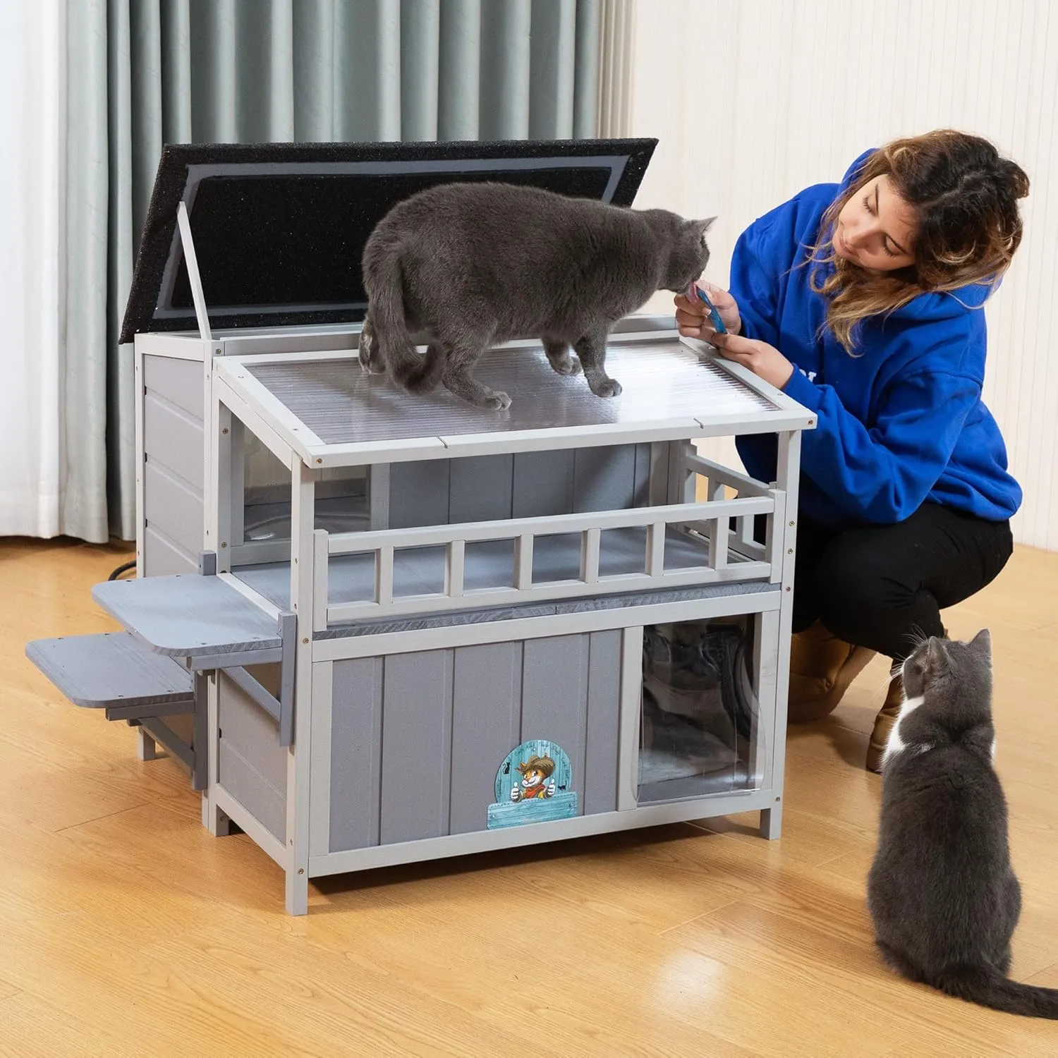 Outdoor Heating Pad Insulated Cat House, Warm Cat Shelter with Heated Pet Pad Bed, Balcony, Timing and Temp Adjustable, Feral Cat Hutch for Winter, Weatherproof (Gray, Heating PAD)