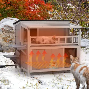 Outdoor Heating Pad Insulated Cat House, Warm Cat Shelter with Heated Pet Pad Bed, Balcony, Timing and Temp Adjustable, Feral Cat Hutch for Winter, Weatherproof (Gray, Heating PAD)