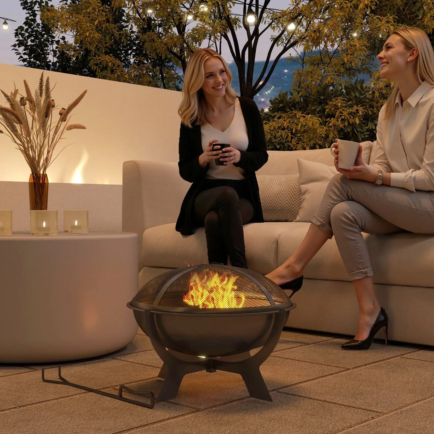 Outsunny Outdoor Round Fire Pit With Lid, Portable Firepit, Black