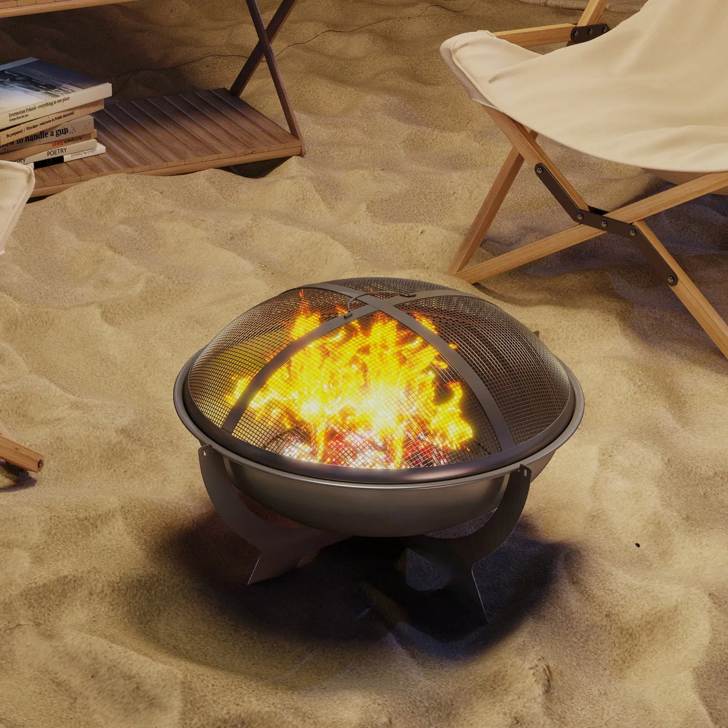 Outsunny Outdoor Round Fire Pit With Lid, Portable Firepit, Black