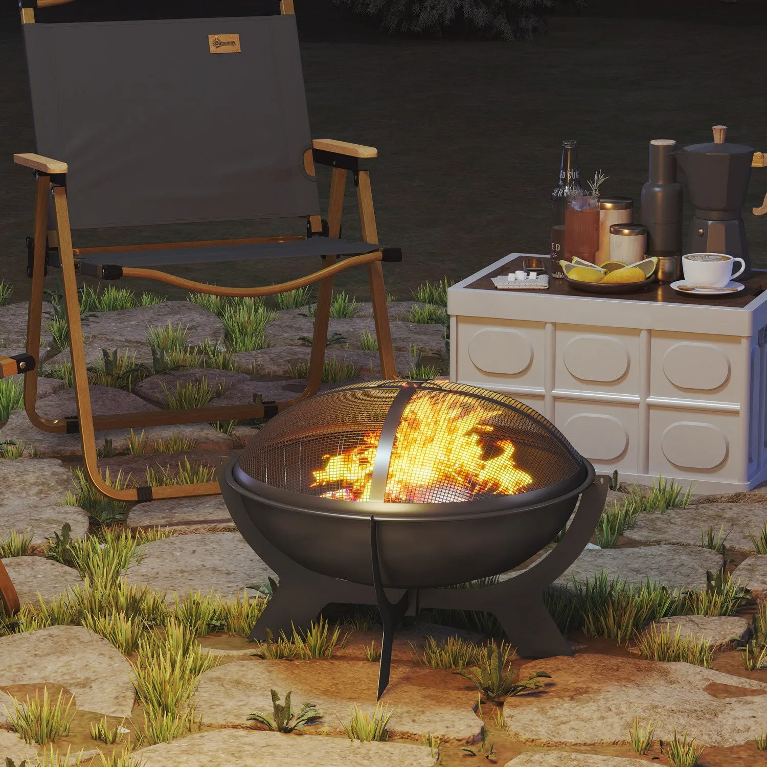 Outsunny Outdoor Round Fire Pit With Lid, Portable Firepit, Black