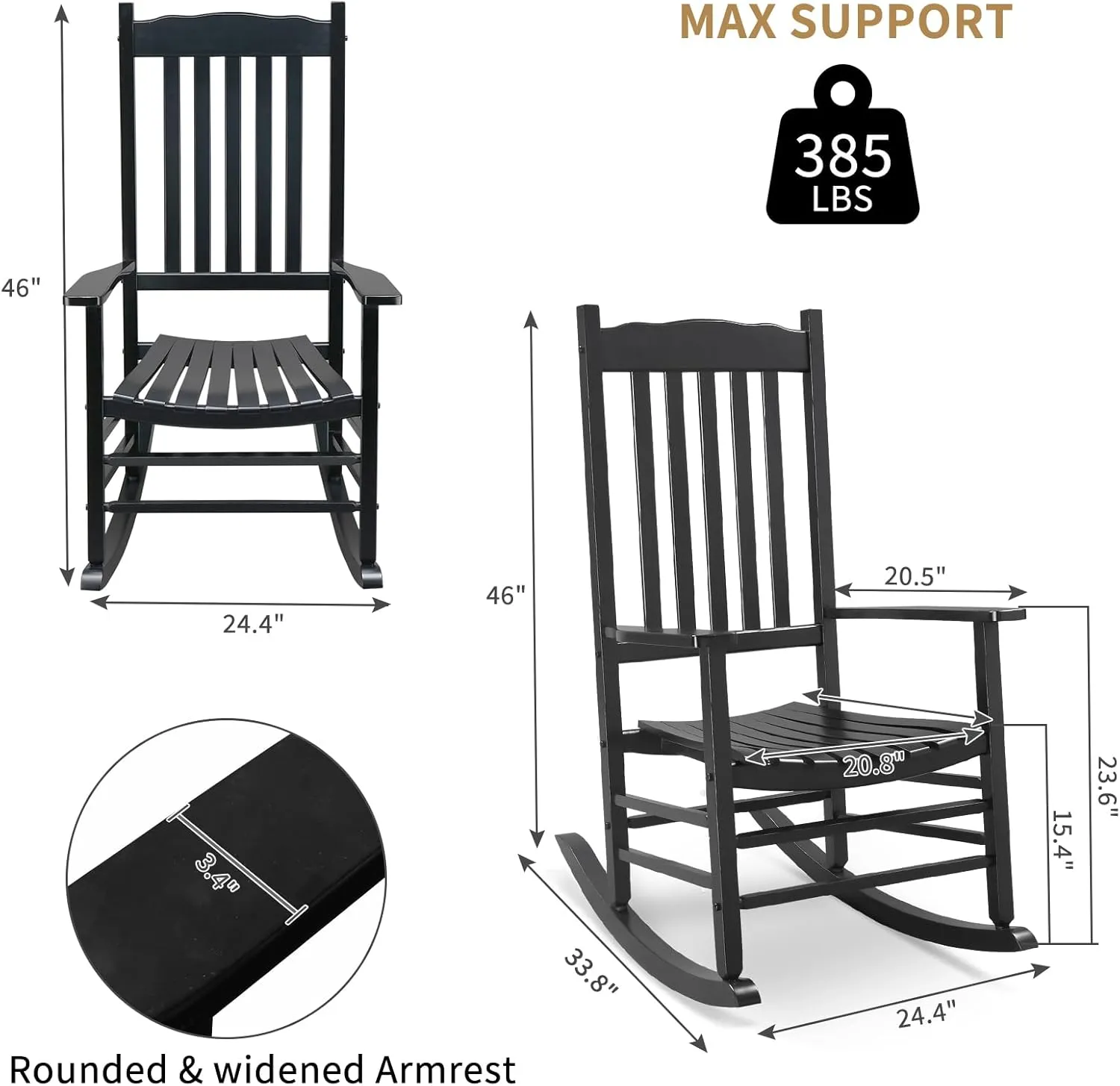 Outvita Outdoor Rocking Chair, Solid Wood High Back Rocker, All Weather Lounge Chair for Porch Patio Fire Pit Garden Backyard Deck Indoor, Wave Shape, Black